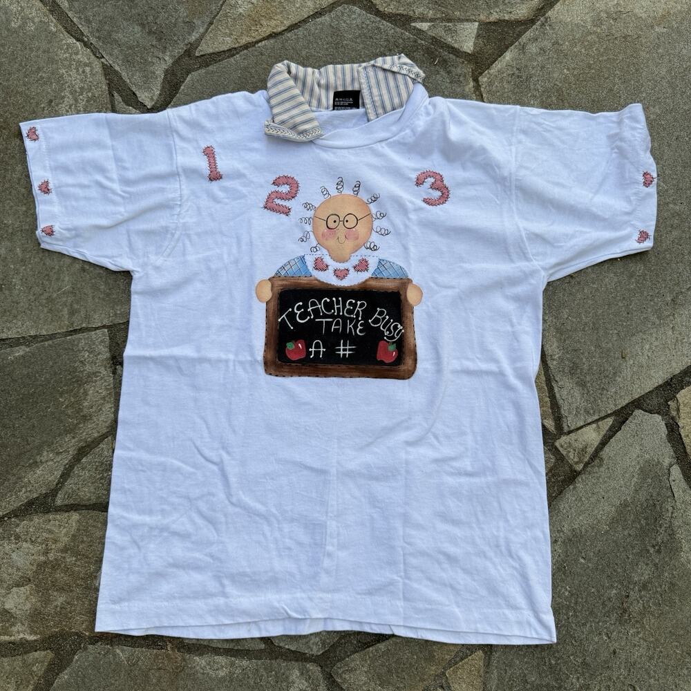 Vintage Teacher Shirt Large White Busy Take a # Cute Funny Collared Tee Gift